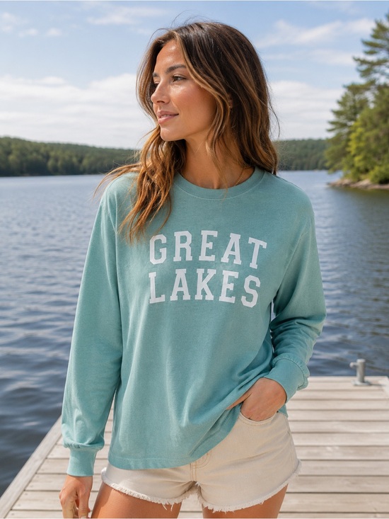 Comfort Colors Tops - Great Lakes Teal Long Sleeve Graphic Tee - Size L - 100% Cotton - Lake Life